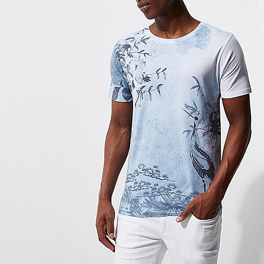 river island account,jacques-vertuk Womens Summer Clothes White and blue oriental bird print T-shirt T-shirts T-Shirts / Tanks men