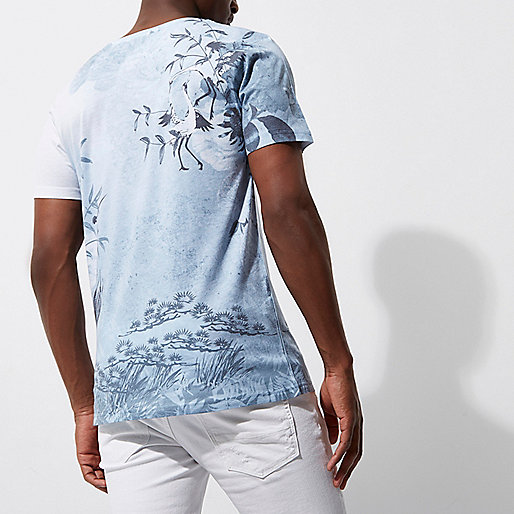 river island account,jacques-vertuk Womens Summer Clothes White and blue oriental bird print T-shirt T-shirts T-Shirts / Tanks men