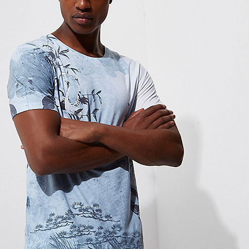 river island account,jacques-vertuk Womens Summer Clothes White and blue oriental bird print T-shirt T-shirts T-Shirts / Tanks men