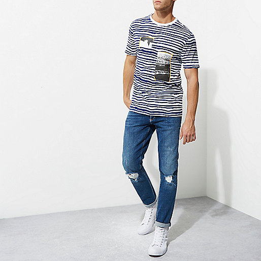 mens river island skinny stretch jeans,jacques-vertuk London White and blue stripe photo print T-shirt men 302072