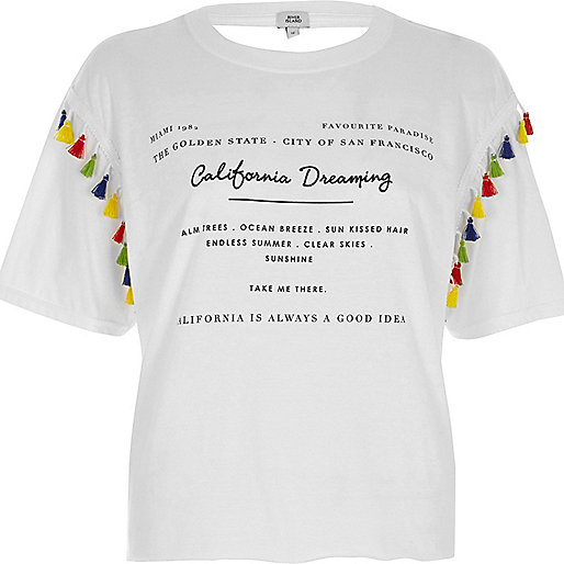 jacques-vertuk White 'California' print tassel trim T-shirt 706509 women Tops T-Shirts & Vests Print T-Shirts / Vests