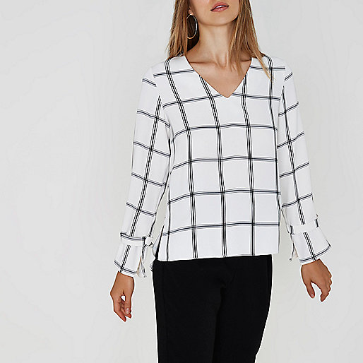 river island black hand bag,jacques-vertuk Shopping Uk White check tie cuff long sleeve top Blouses Tops women