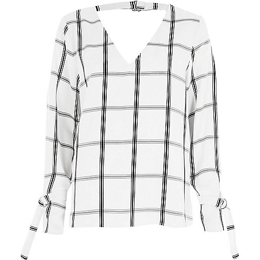 jacques-vertuk White check tie cuff long sleeve top 709840 women Tops Blouses