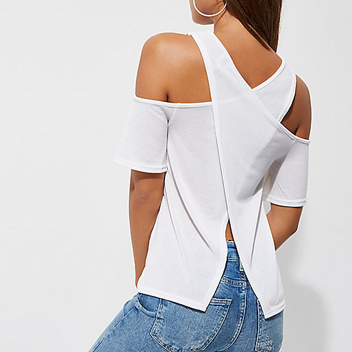 river island pants sale,Eu jacques-vertuk White cold shoulder wrap back top Knitted Tops Knitwear women