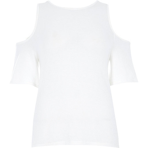 river island pants sale,Eu jacques-vertuk White cold shoulder wrap back top Knitted Tops Knitwear women