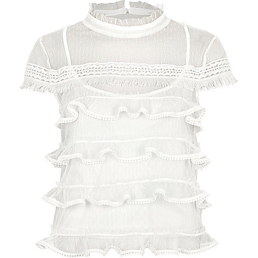 jacques-vertuk White dobby mesh cap sleeve frill top 703318 women T-Shirts & Vests