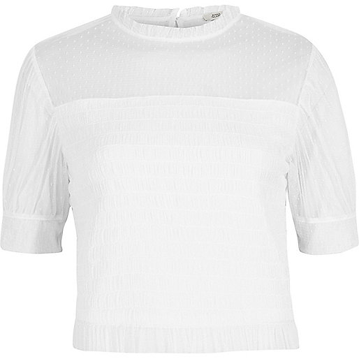 jacques-vertuk White dobby mesh shirred puff sleeve top 703315 women RI Limited Edition