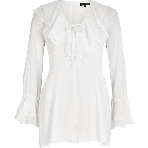 jacques-vertuk White dobby ruffle front bell sleeve romper 704244 women Playsuits / Jumpsuits