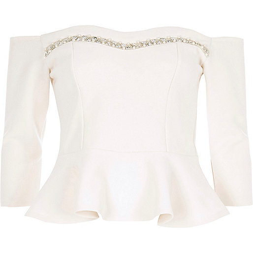 jacques-vertuk White embellished bardot fitted top 707704 women Tops Bardot / Cold Shoulder Tops