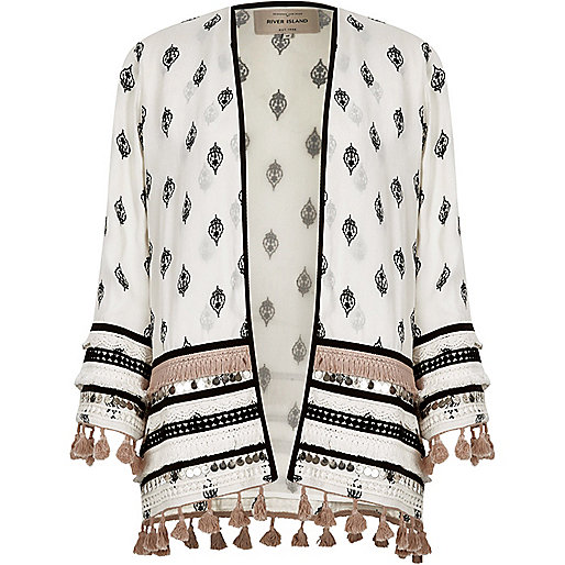 jacques-vertuk White embellished print long sleeve kimono 702956 women Coats / Jackets