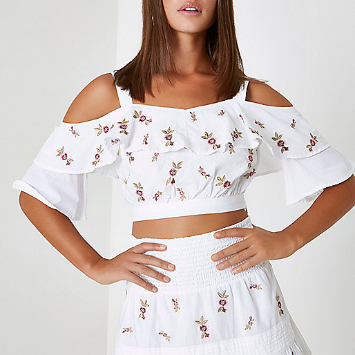 river island plus size tops,jacques-vertuk UK White embroidered cold shoulder crop top women 706311