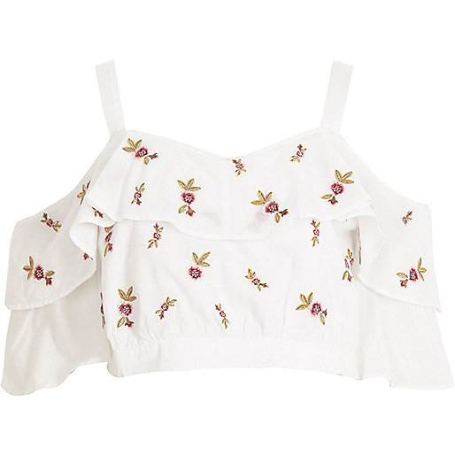 jacques-vertuk White embroidered cold shoulder crop top 706311 women Tops Crop Tops / Bralets