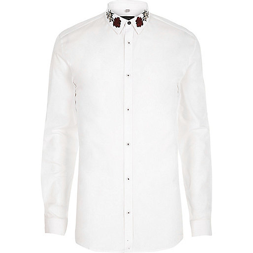 jacques-vertuk White embroidered collar muscle fit shirt 301346 men Shirts Long Sleeve Shirts