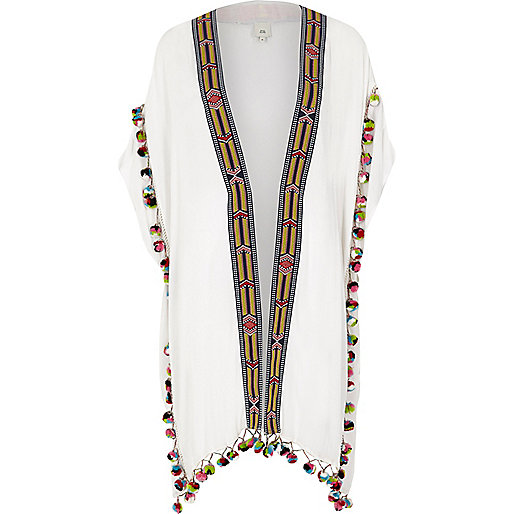 jacques-vertuk White embroidered pom pom trim kimono 706070 women Tops Kimonos