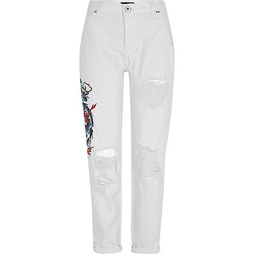 jacques-vertuk White embroidered ripped boyfriend jeans 700684 women Festival