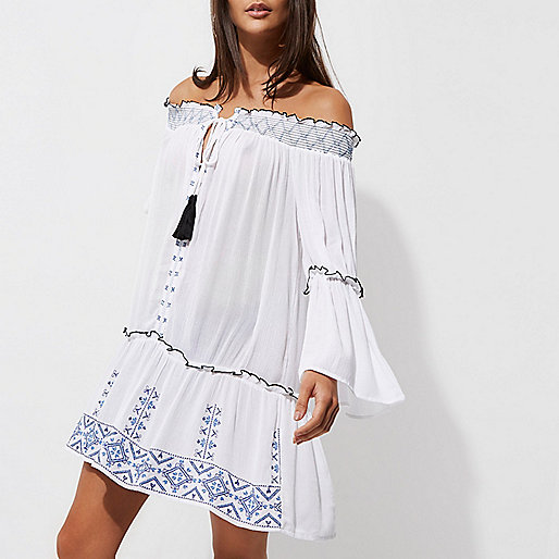 molly mid rise skinny jeans,jacques-vertuk Us White embroidered shirred bardot beach dress Caftans / Cover-Ups Swimwear / Beachwear women