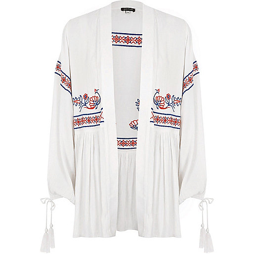 river island mens tan shoes,jacques-vertuk Satin White embroidered tassel cuff kimono Kimonos Tops women