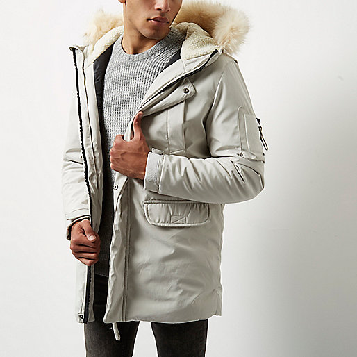 river island pea coat,White faux fur trim hooded parka Coats / Jackets Sale men