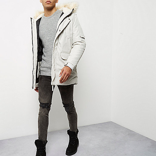 river island pea coat,White faux fur trim hooded parka Coats / Jackets Sale men