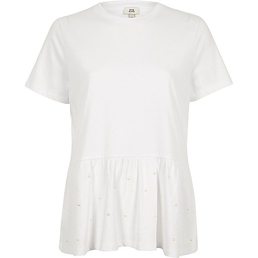 jacques-vertuk White faux pearl embellished peplum T-shirt 707777 women Tops T-Shirts & Vests Plain T-Shirts / Vests