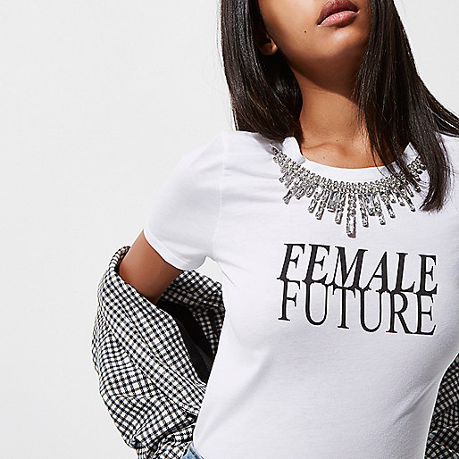 www riverisland com,jacques-vertuk Outlet White  female future  print necklace T-shirt women 708486