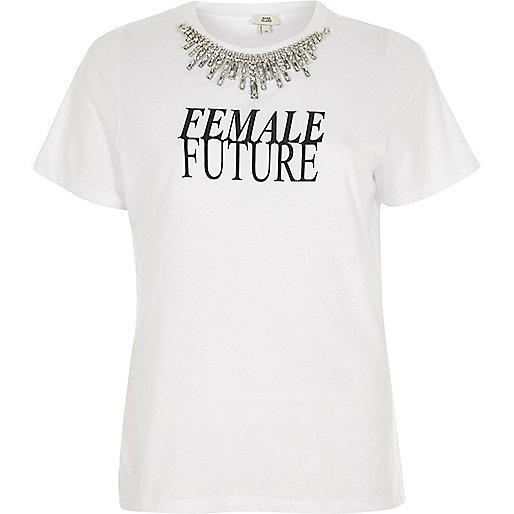 www riverisland com,jacques-vertuk Outlet White female future print necklace T-shirt women 708486