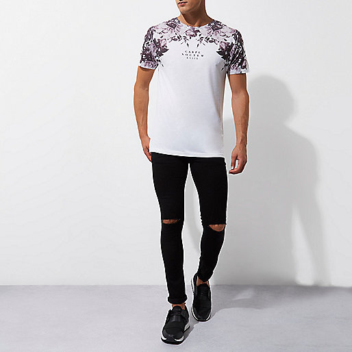 river island paris by night,Black And White Kimono jacques-vertuk White floral 'Carpe Noctem' print T-shirt T-shirts T-Shirts / Tanks men