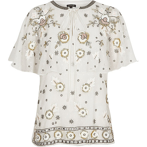 jacques-vertuk White floral embellished cape top 701636 women Tops Blouses