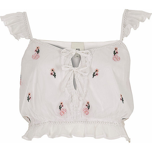 jacques-vertuk White floral embroidered frill crop top 705972 women Tops