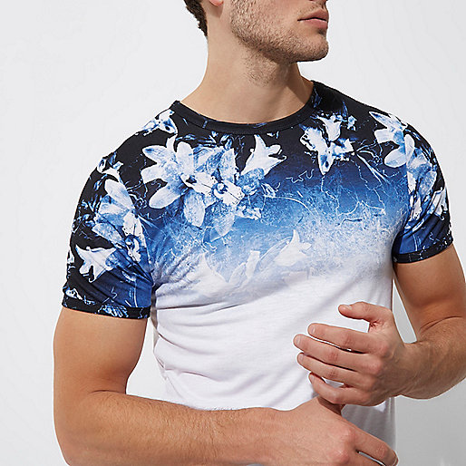 river island clothing co limited,The Shop jacques-vertuk White floral fade muscle fit longline T-shirt T-shirts T-Shirts / Tanks men