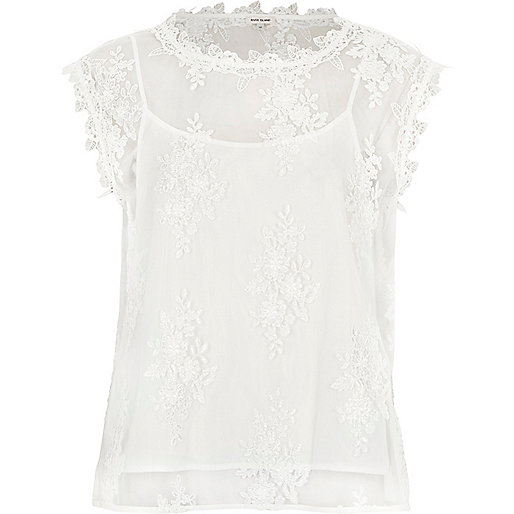 river island floaty dresses,Island River Shop White floral lace cap sleeve top Blouses Tops women