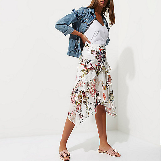 river island spring dresses,What Is jacques-vertuk White floral print frill midi skirt Skirts Sale women