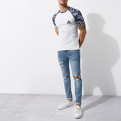 river island bluewater,Pink Trouser Suit jacques-vertuk White floral raglan sleeve muscle fit T-shirt T-shirts T-Shirts / Tanks men