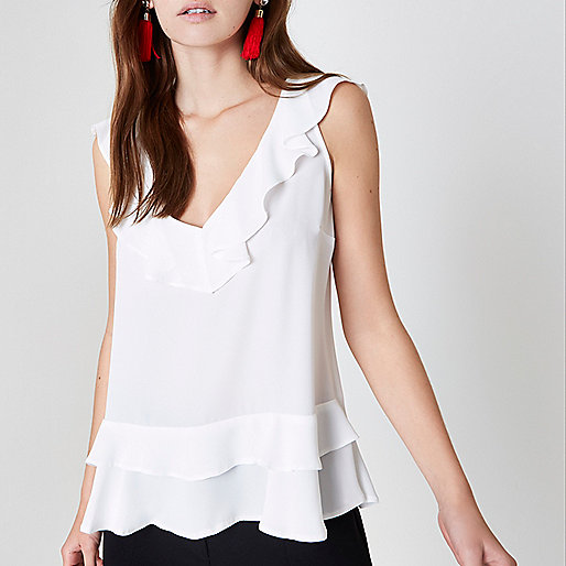 river island grey shoulder bag,jacques-vertuk Corporate Website White frill front V neck sleeveless top Cami / Sleeveless Tops Tops women