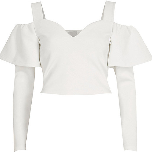 jacques-vertuk White frill sleeve bardot crop top 707702 women Tops