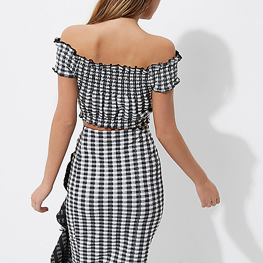 river island bag brown,jacques-vertuk South Africa White gingham shirred bardot crop top women 702205