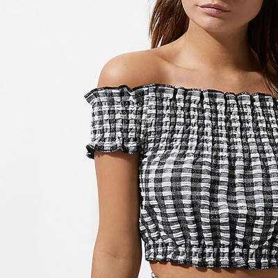 grey river island monogram bag,Camel Skirt jacques-vertuk White gingham shirred bardot crop top Tops Sale women