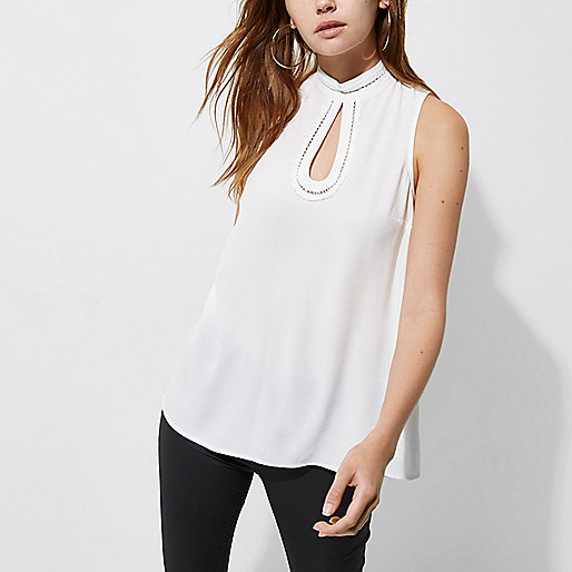 black and white bag river island,jacques-vertuk Mens Outfits White high neck crochet trim sleeveless top Cami / Sleeveless Tops Tops women