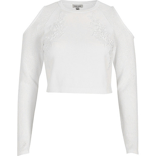 jacques-vertuk White knit cold shoulder long sleeve crop top 697792 women Tops