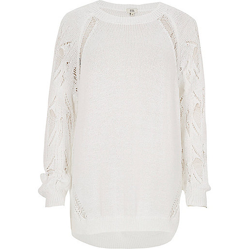 river island wedding guest outfits,jacques-vertuk Outlet White knit ladder sleeve sweater women 702740