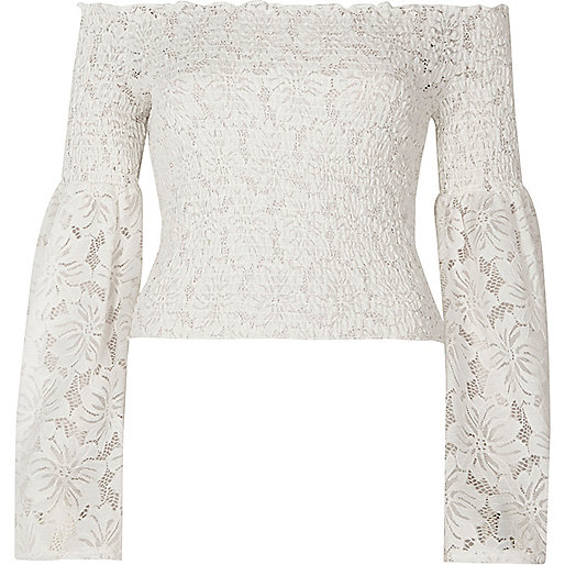 jacques-vertuk White lace bardot bell sleeve crop top 702645 women Tops Crop Tops / Bralets