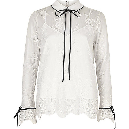 jacques-vertuk White lace frill tie neck blouse 698778 women Tops Blouses