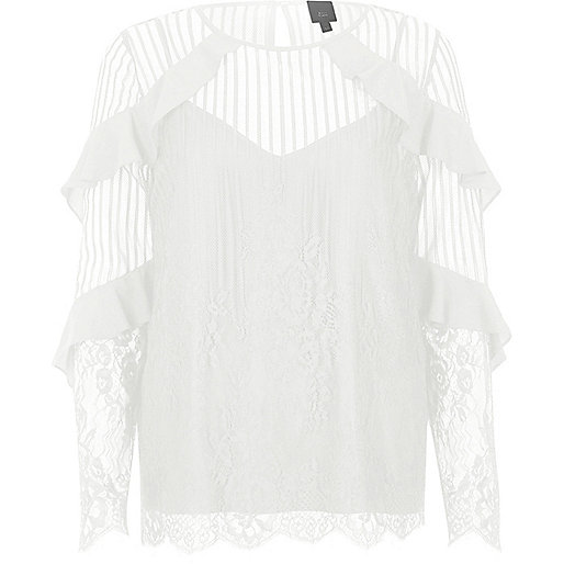 jacques-vertuk White lace mesh long sleeve top 704065 women Tops Blouses