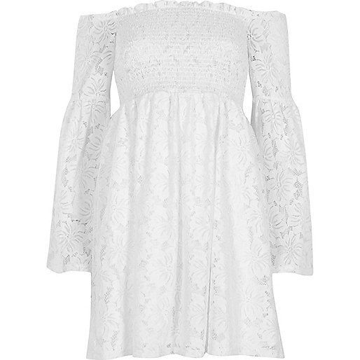 jacques-vertuk White lace shirred bardot bell sleeve dress 703344 women Holiday Shop