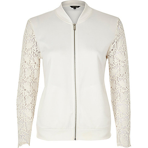 jacques-vertuk White lace sleeve jersey bomber jacket 689206 women Coats / Jackets