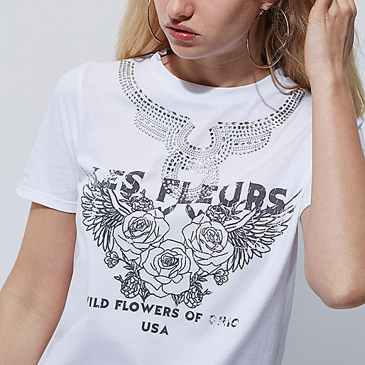 river island messenger bag,jacques-vertuk UK Sale White  les fleurs  stud embellished T-shirt women 707785