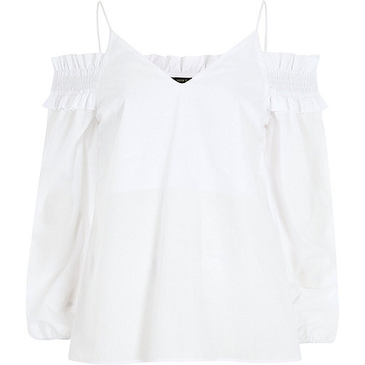 jacques-vertuk White long sleeve bardot cami strap top 700598 women Tops Bardot / Cold Shoulder Tops