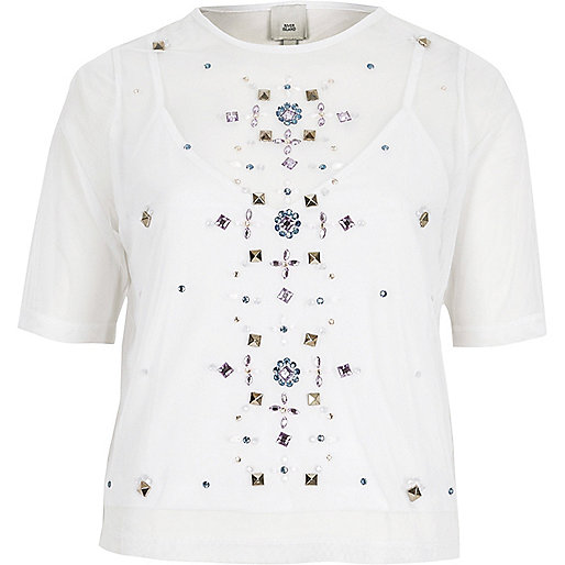 river island bardot dress,jacques-vertuk UK Sale White mesh gem embellished T-shirt women 706485