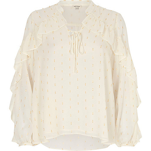 river island tea dress,jacques-vertuk London White metallic print frill blouse women 698888