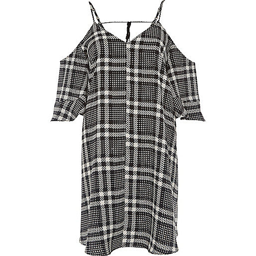 jacques-vertuk White mono check cold shoulder swing dress 704222 women RI Limited Edition